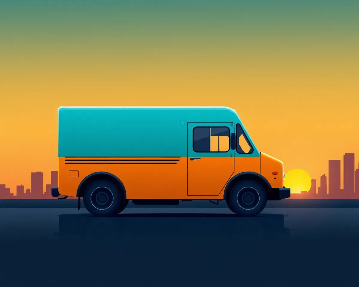 Minimalist DJ Truck in City Skyline Sunset