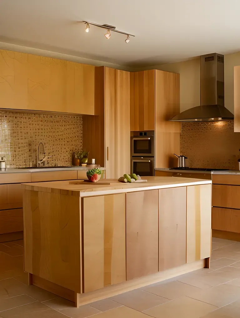 Minimalist Kitchen with Plywood Island and Ample Storage