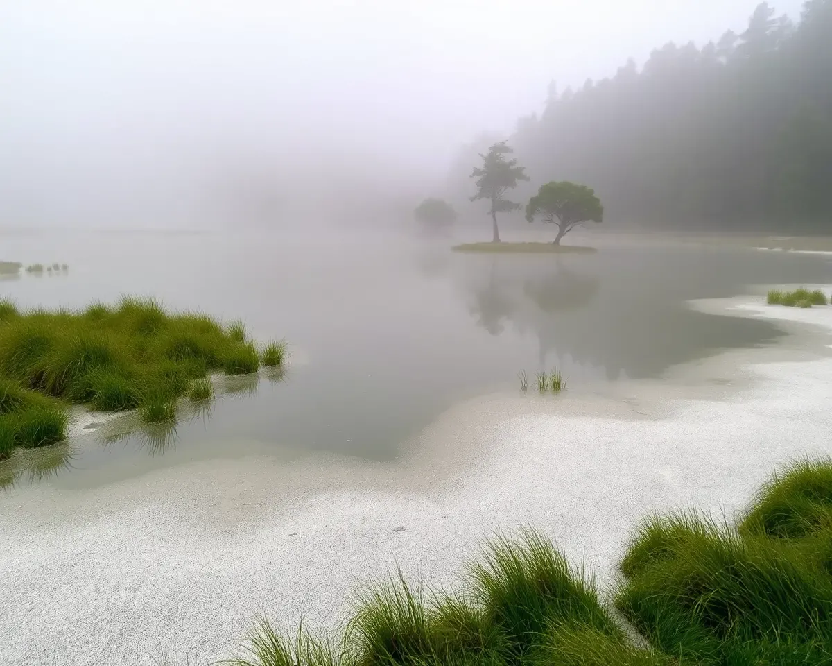 Misty Forest Pond with Powder-Like Water Surface