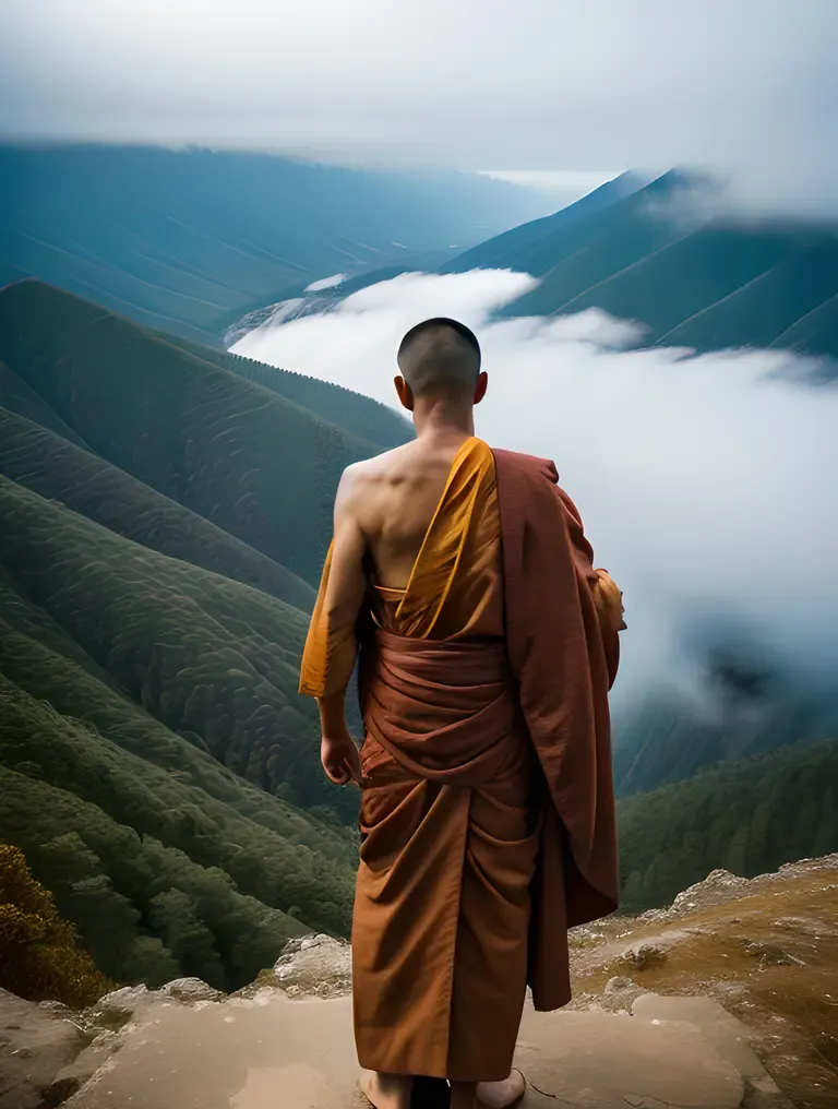 Misty Mountain Peak AI Monk Photo: Focused Monk with Wispy Aura