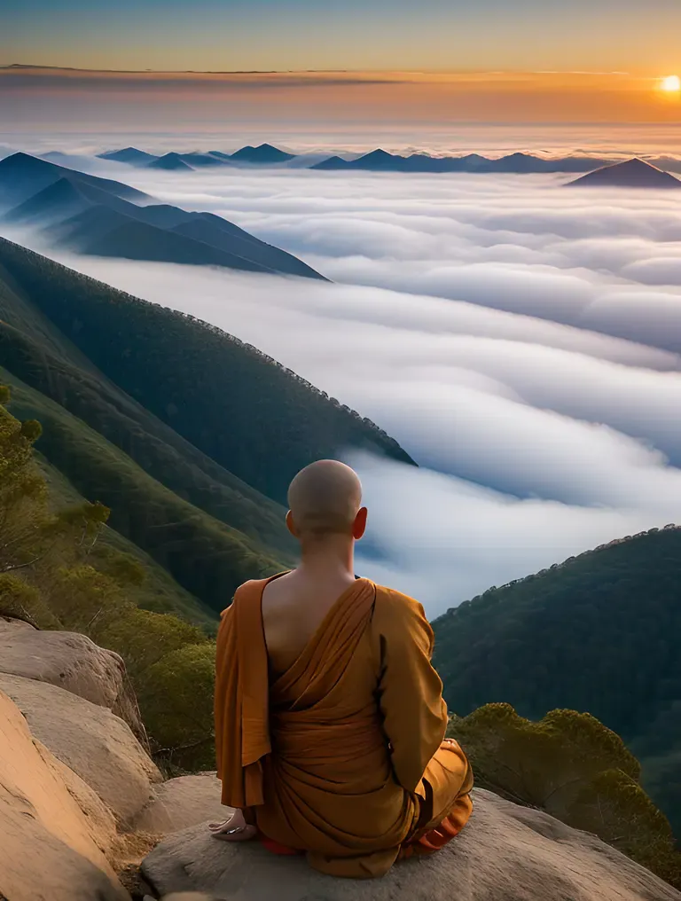 Misty Mountain Peak with Serene Asian Monk