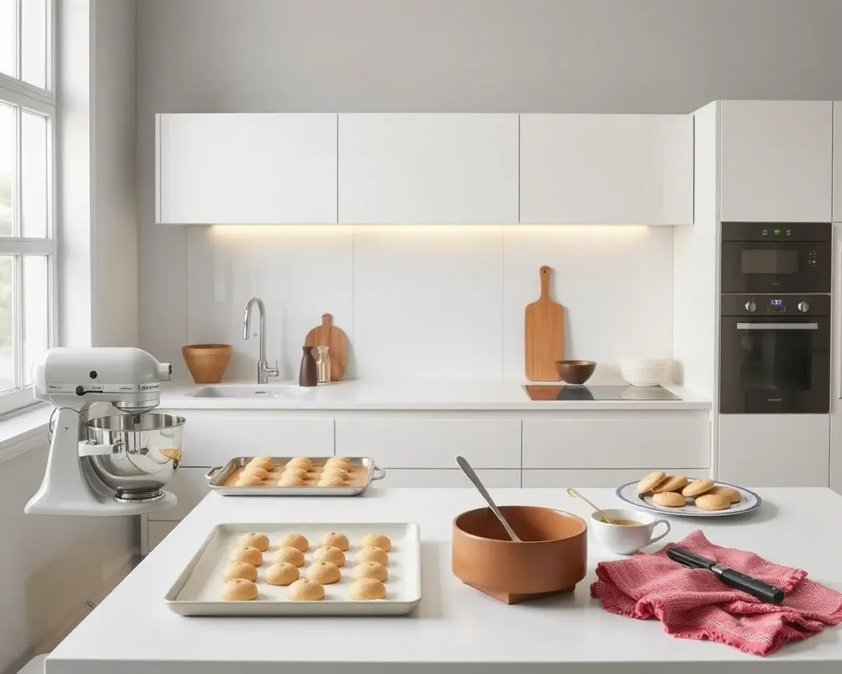 Modern Biskut-Making Station with Stand Mixer and Ingredients