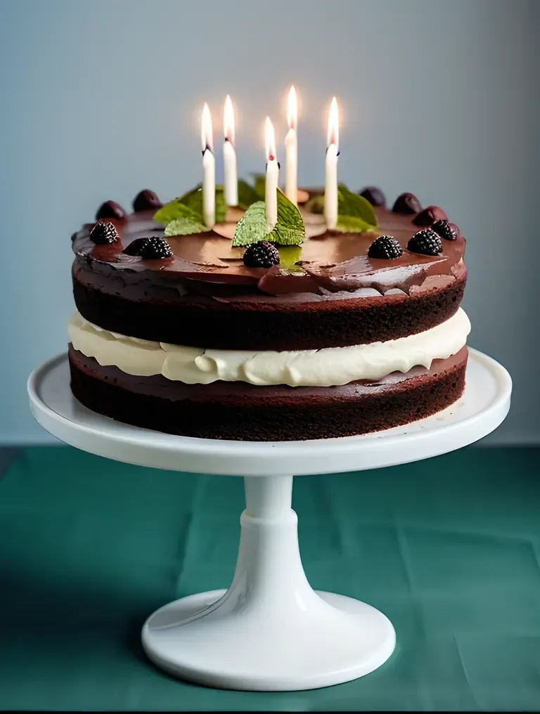 Modern Black Forest Cake with Fresh Mint Leaves and Candle