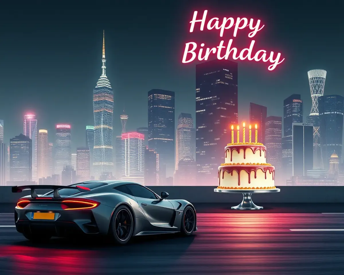 Modern City Night Birthday Background with Neon Lights and Cake