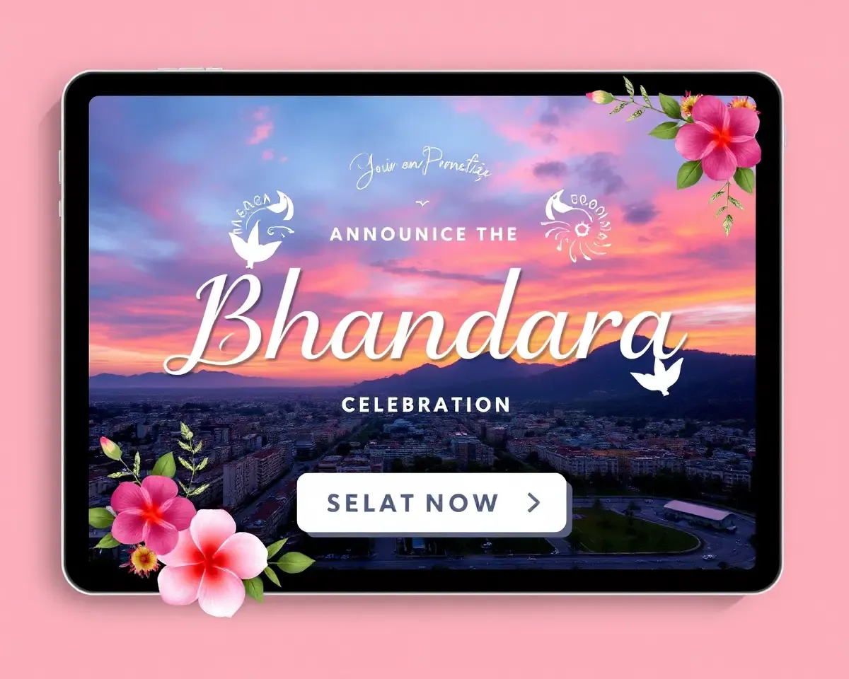 Modern Cityscape Bhandara Invitation with Wreath of Flowers.