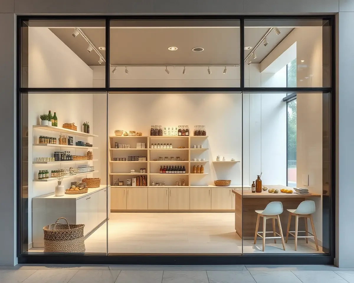 Modern Kirana Store with Glass Facade and Artisanal Products.