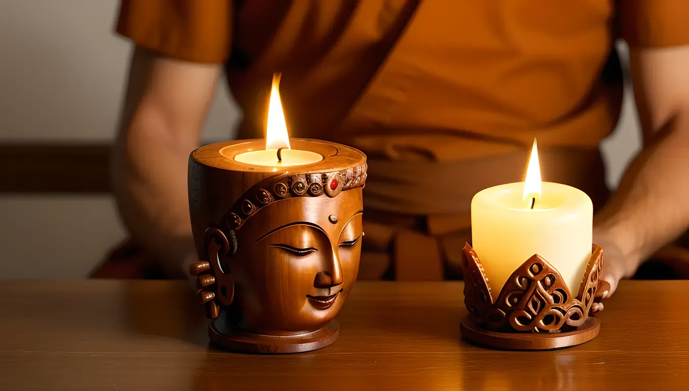 Monk Holds Intricately Carved Buddha Statue with Candle Flame