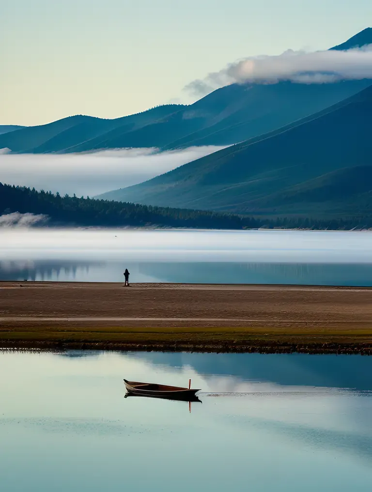 Monk by Serene Lake with Misty Mountains