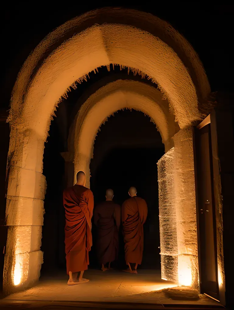Monks Around Glowing Portal AI Monk Photo: Focusing Energy Dimension Doorway
