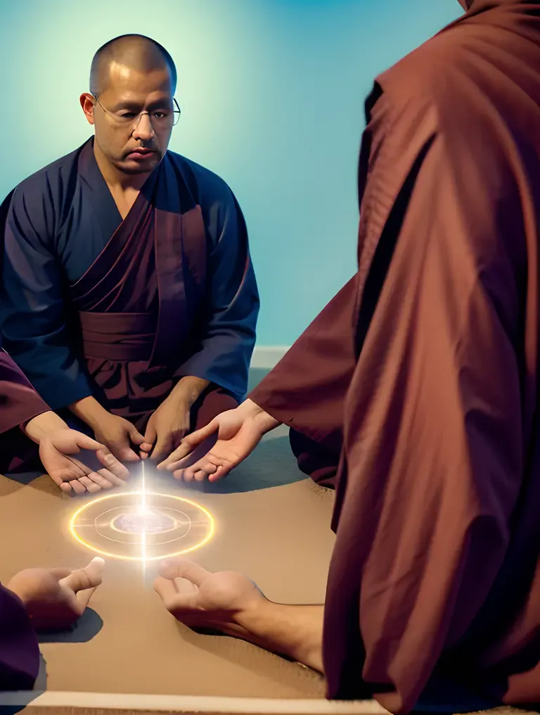 Monks Discuss with Holographic Buddha and AI Devices