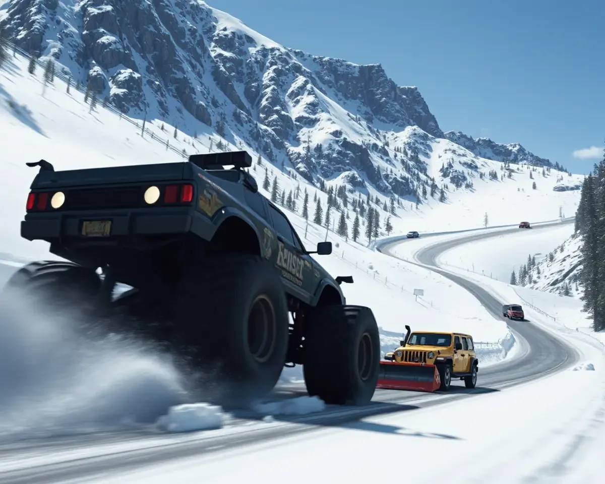 Monster Car Navigates Snowy Mountain Pass