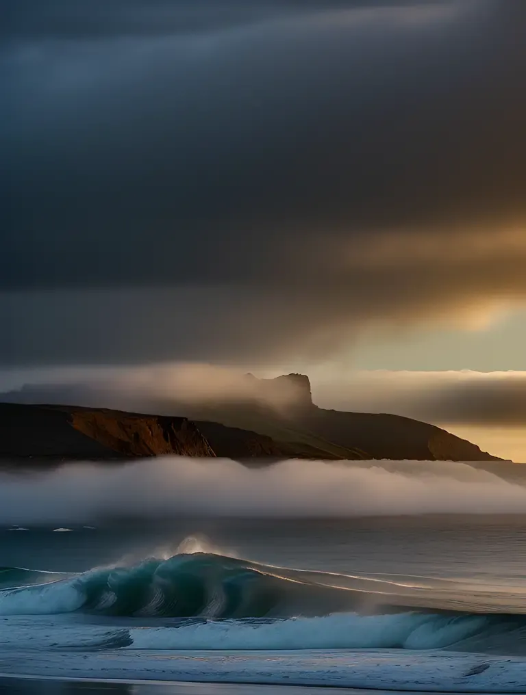 Moody Seascape with Crashing Waves and Stormy Sky