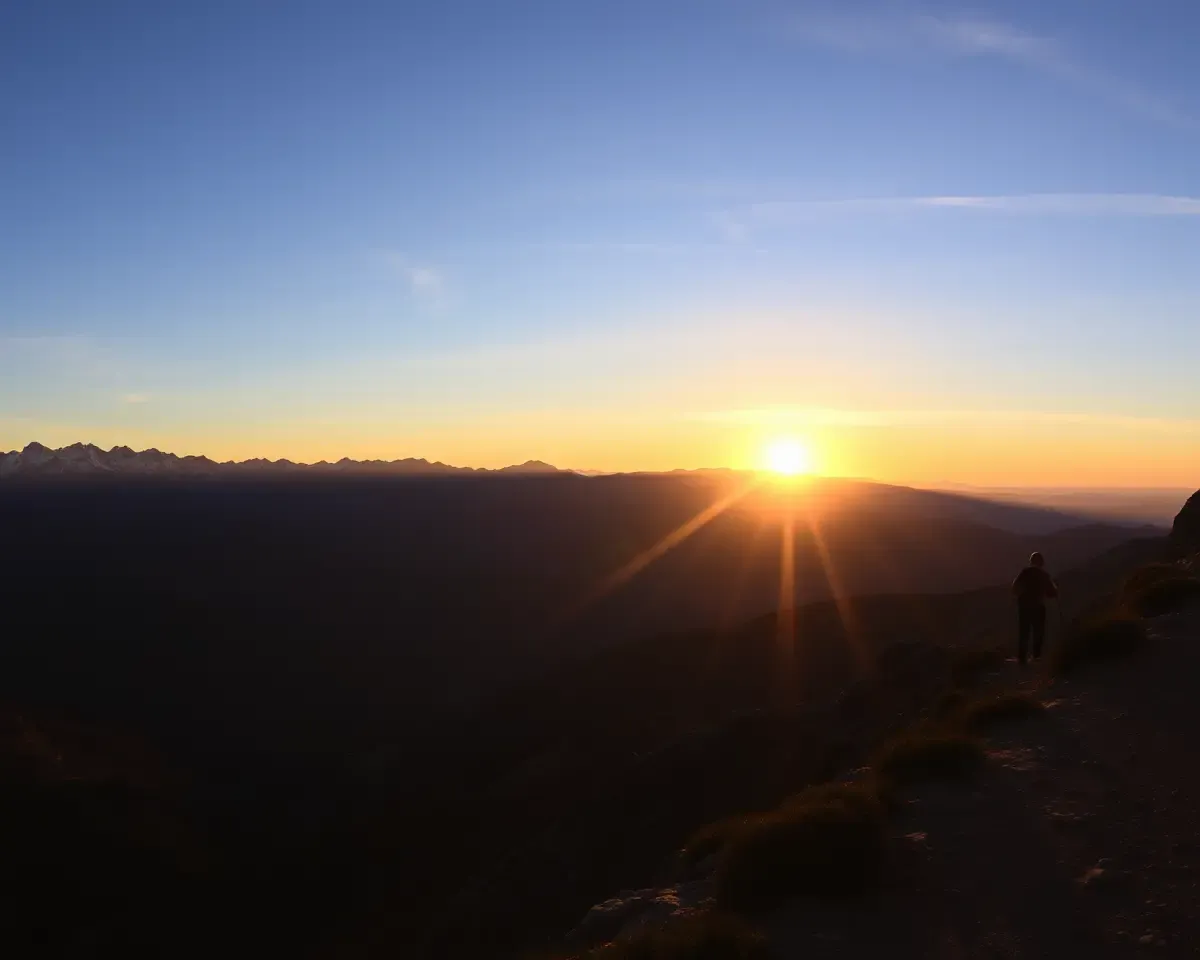Mountain Sunrise with Hiker Good Morning Images Tamil HD 1080p Download