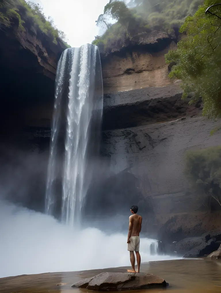 Mowgli Awe-Inspired by the Waterfall