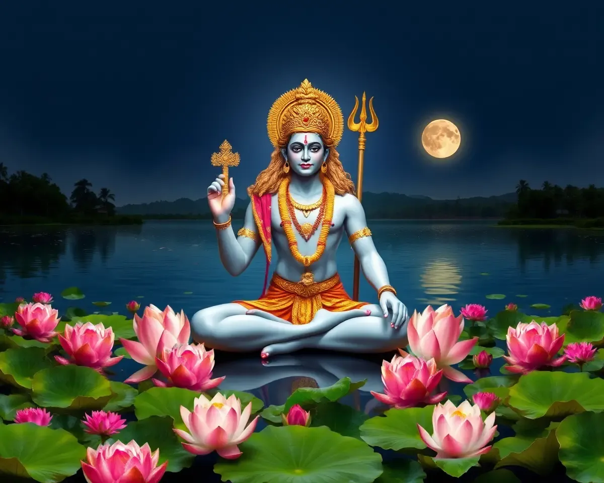 Murugan in Meditative Pose with Lotus Flowers and Full Moon