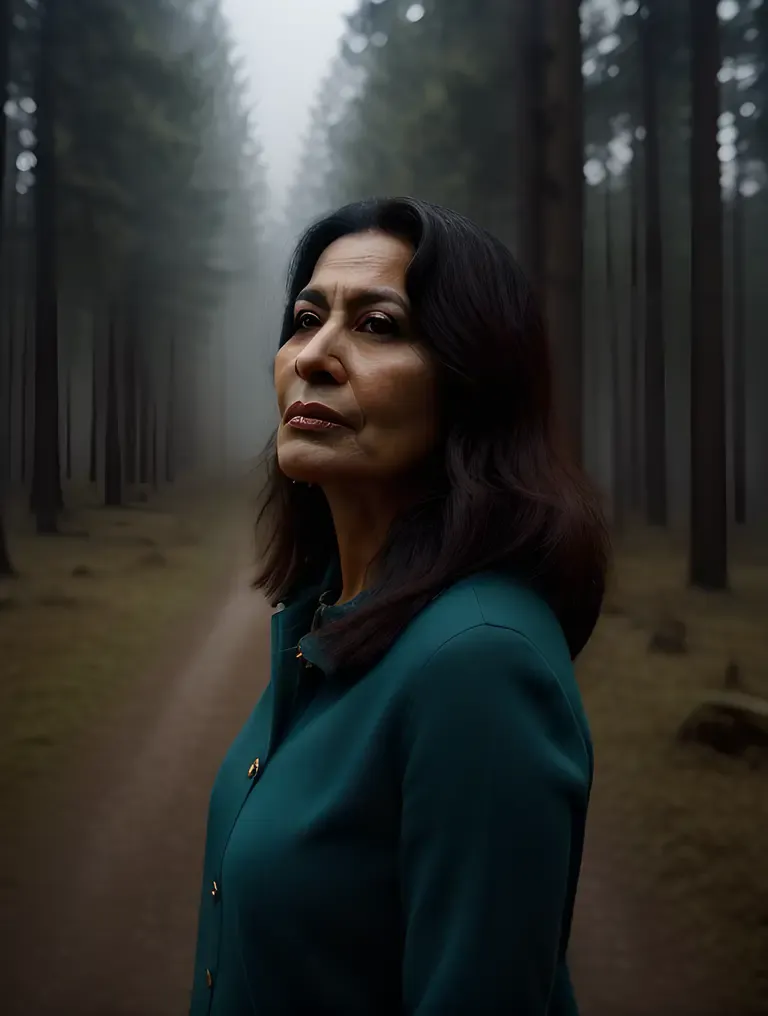 Mysterious Beauty Aunty Stands in Misty Forest