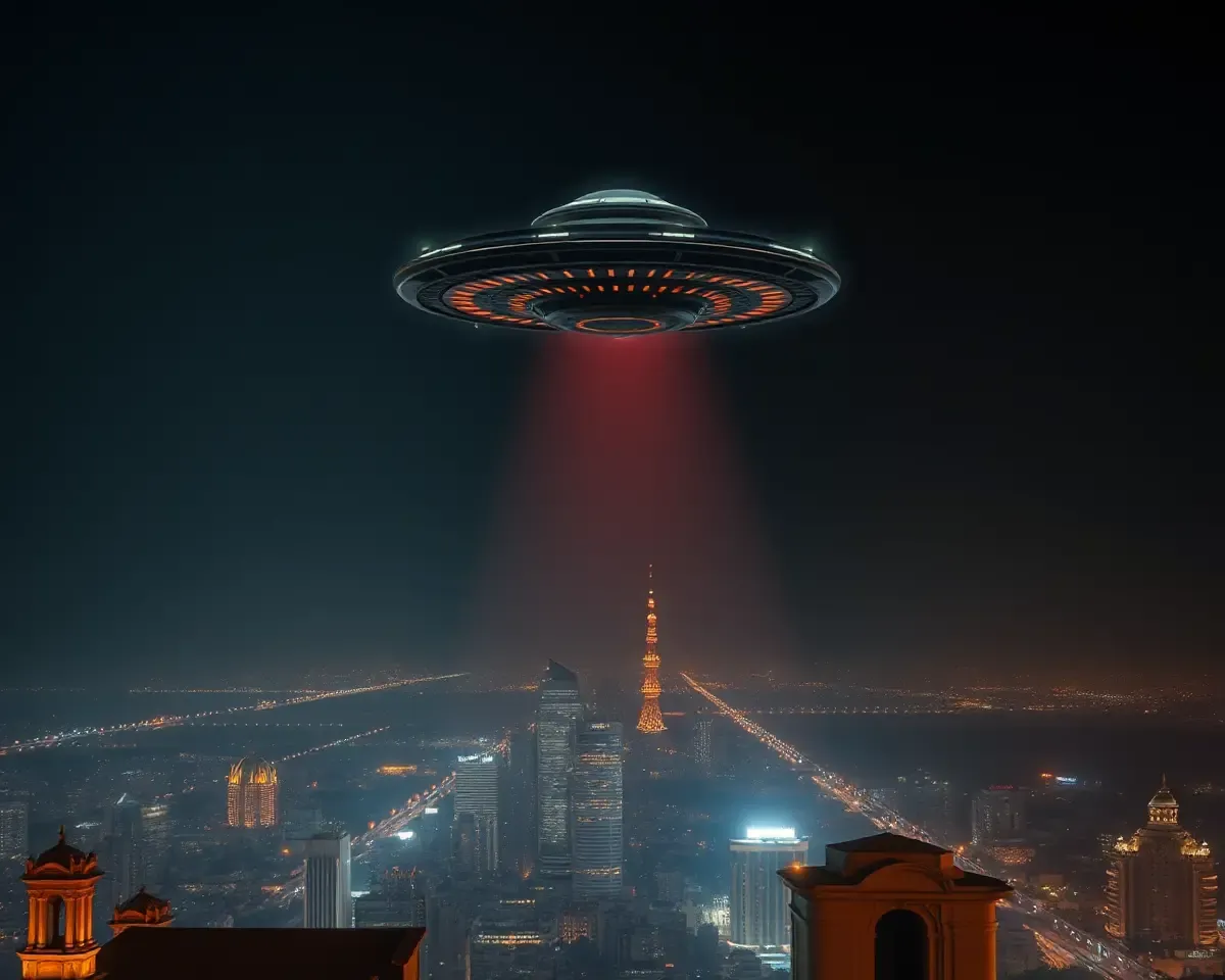 Mysterious Night City with UFO on Jagran Banner Background