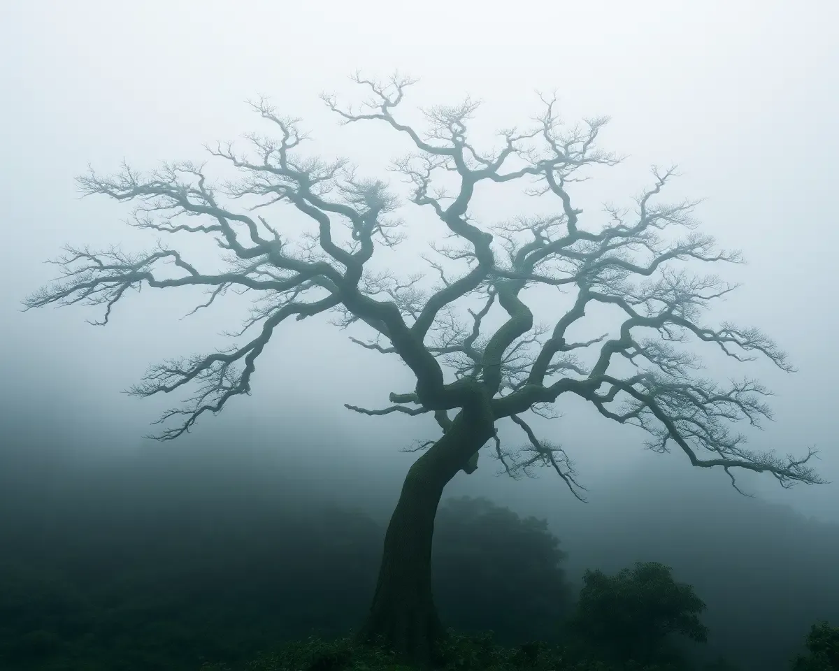 Mystical Bhoringani Tree in Foggy Forest