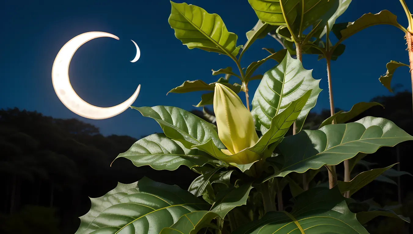 Mystical Datura Flower Blooms Under Crescent Moon