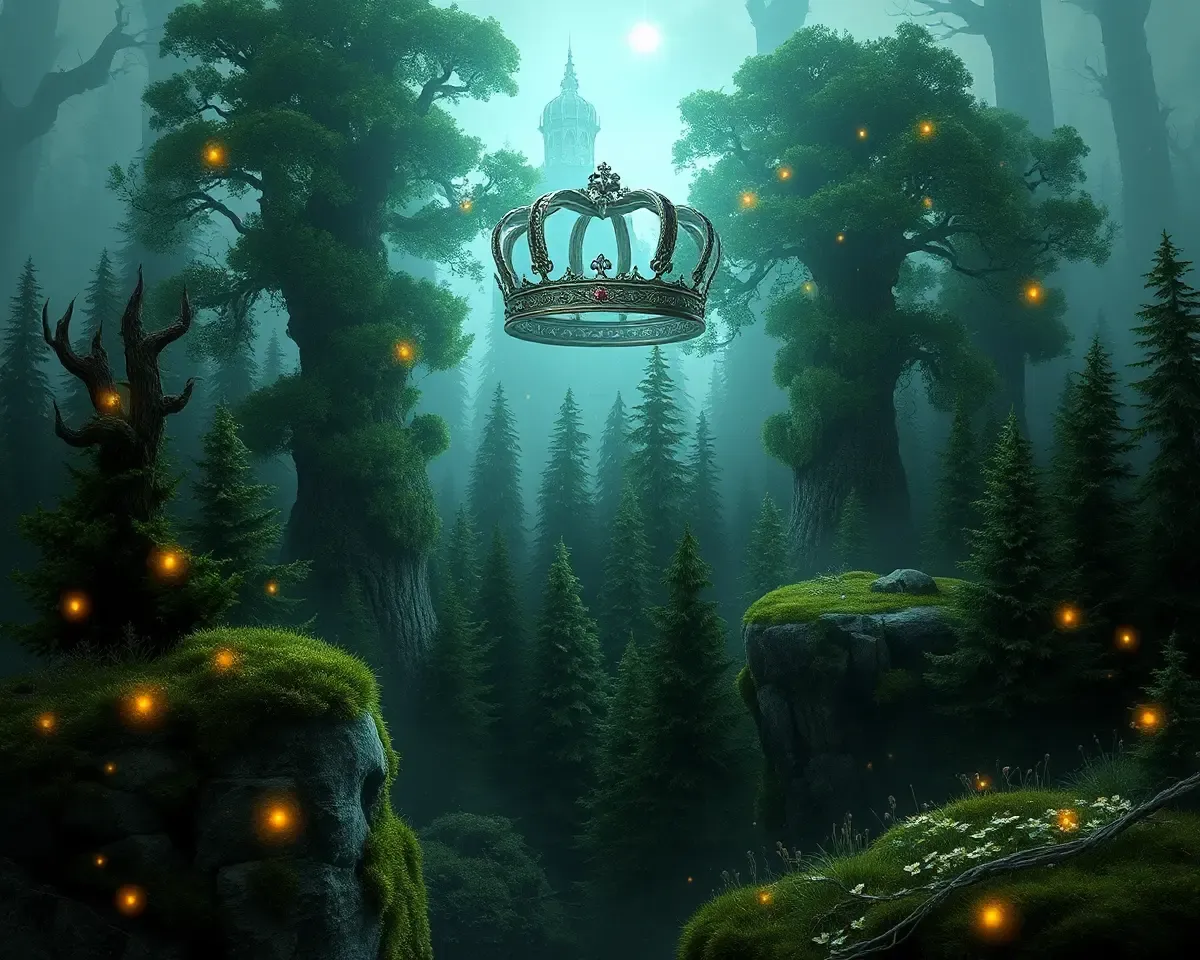 Mystical Forest with Heart-Shaped Crown and Fairy Lights