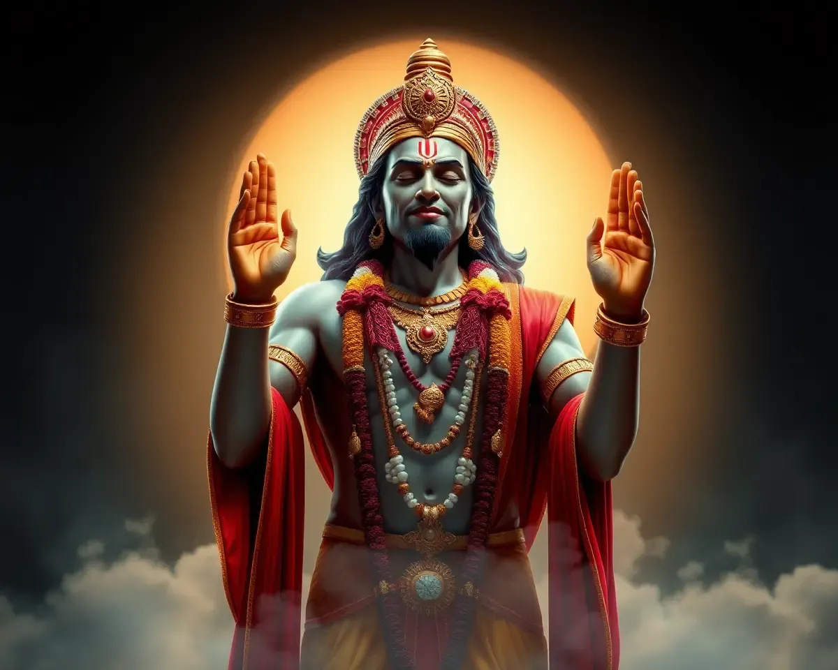 Mystical Hanuman Ji in Glowing Aura with Hands Raised PNG