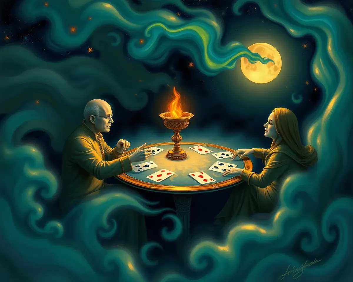 Mystical Rummy Game on Swirling Ethereal Background with Stars and Moons