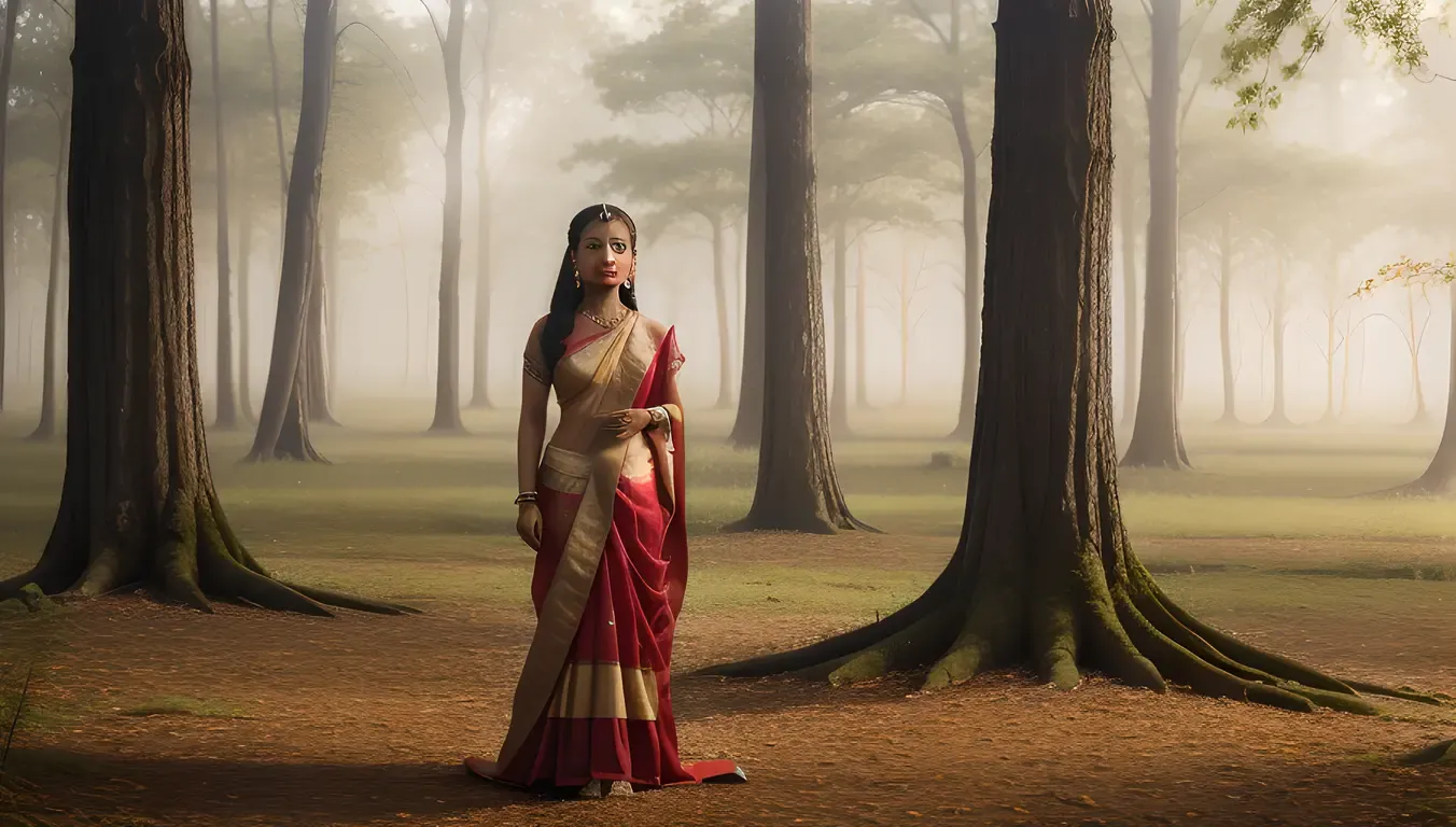 Mystical Satyabhama Connecting with Spiritual Realm in Misty Forest.