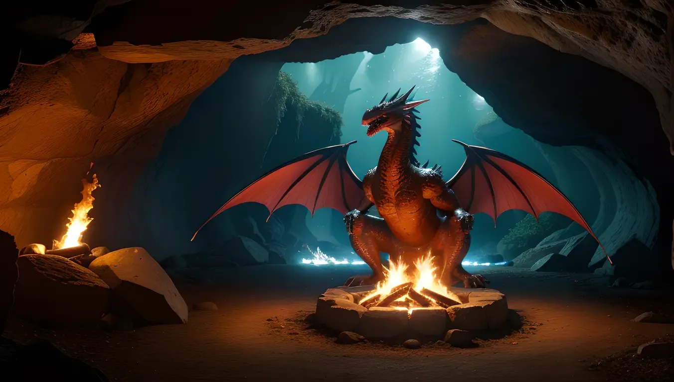 Mythical Creature Emerges from Dark Cave Stone Statue