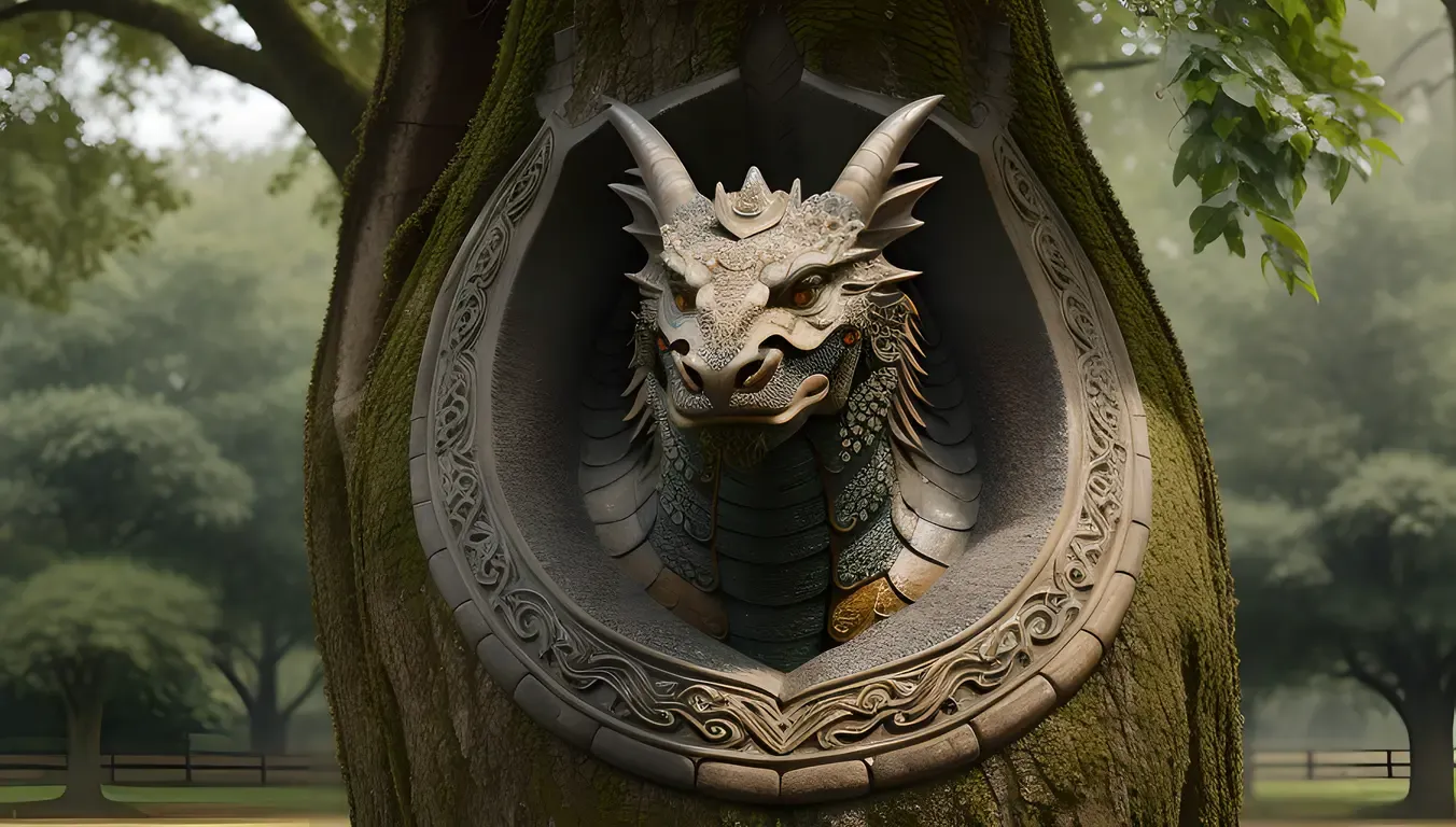 Mythical Dragon Wraps Around Ancient Tree with Dewy Stone Carving Pictures