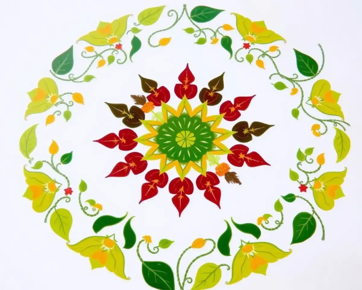 Nature-Inspired Pookkalam Design with Leaves and Flowers