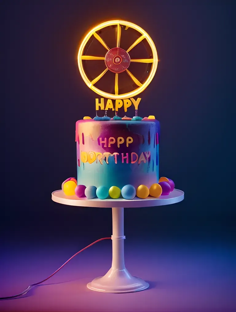 Neon Birthday Cake with Flashing Lights and Fortune Wheel