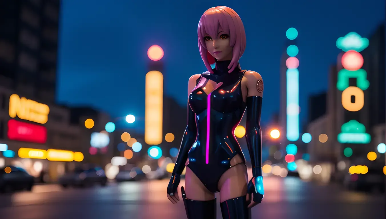 Neon Cityscape Reflects Off Nude Anime Figure's Skin
