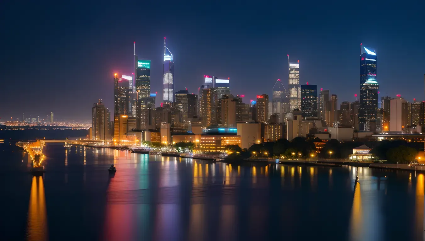 Neon-Lit Asian Cityscape with Calm Lake Reflections