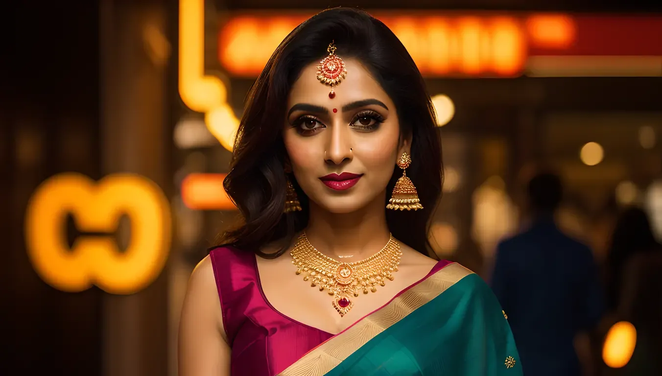 Neon-Lit Bhabhi with Bold Sari and Bindi