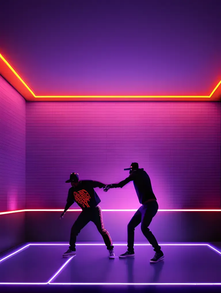 Neon-Lit Hip-Hop Dance Battle in Abandoned Warehouse