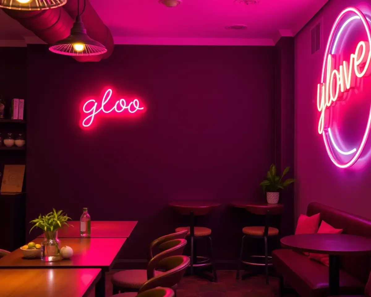 Neon Sign Illuminates Gloo Wall in Trendy Cafe