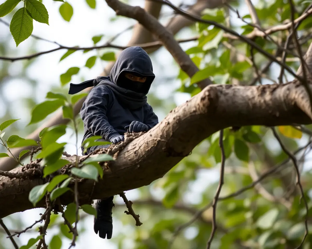 Ninja H2R Perched on Tree Branch with Contemplative Expression