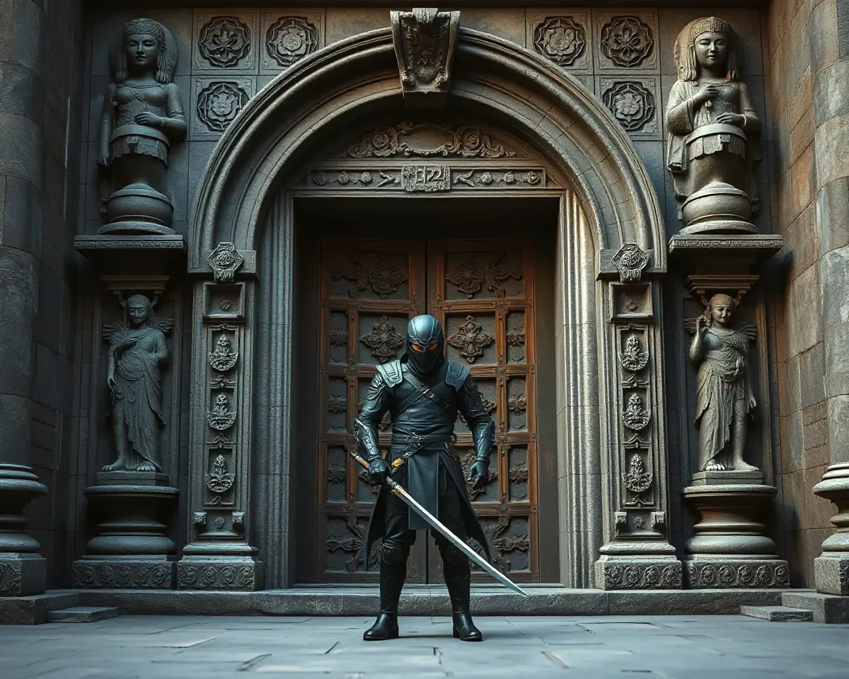 Ninja H2R Stands in Front of Ancient Stone Door