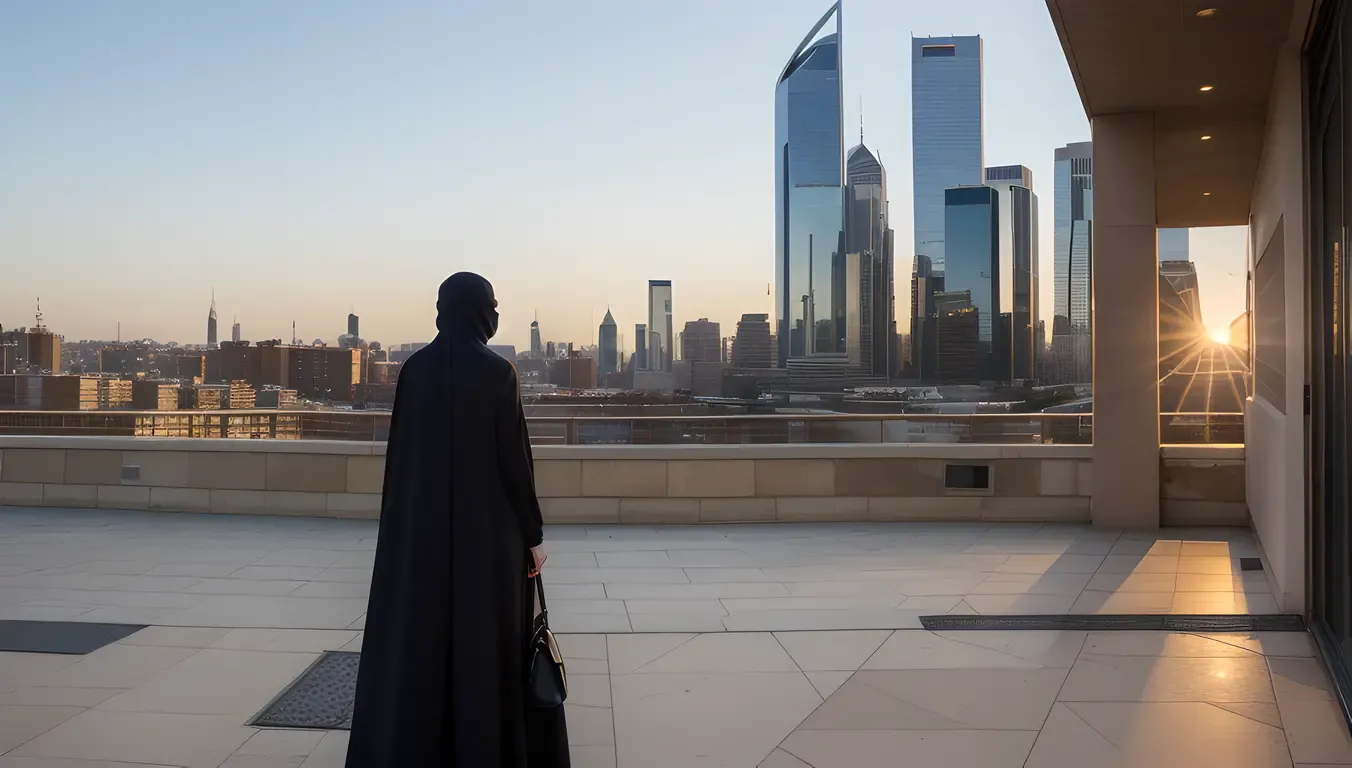 Niqab-Covered Girl Marvels at City Skyline with Sense of Wonder