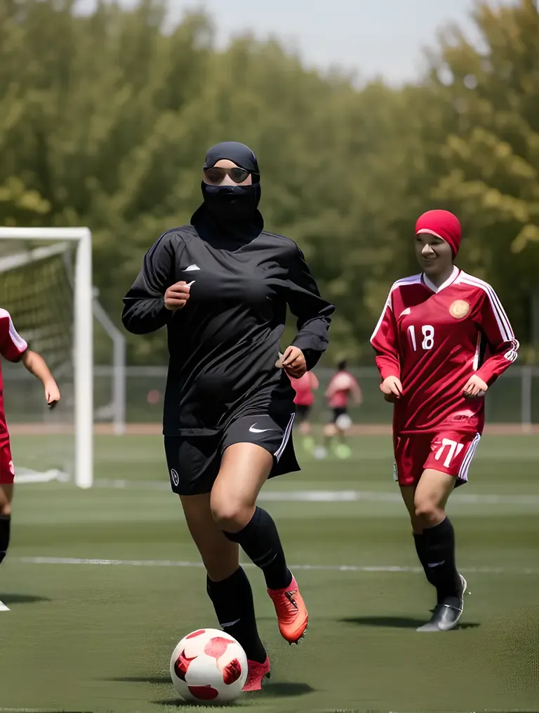 Niqab-Wearing Girl Plays Soccer with Friends in Park