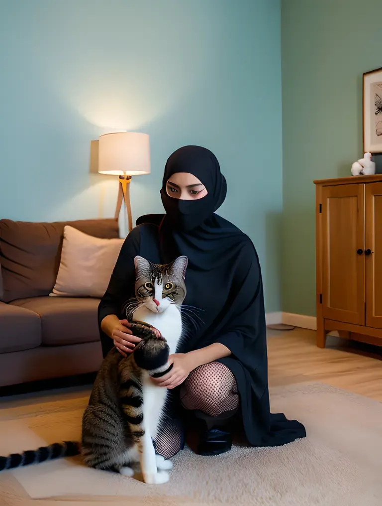 Niqab-Wearing Girl Plays with Pet Cat at Home