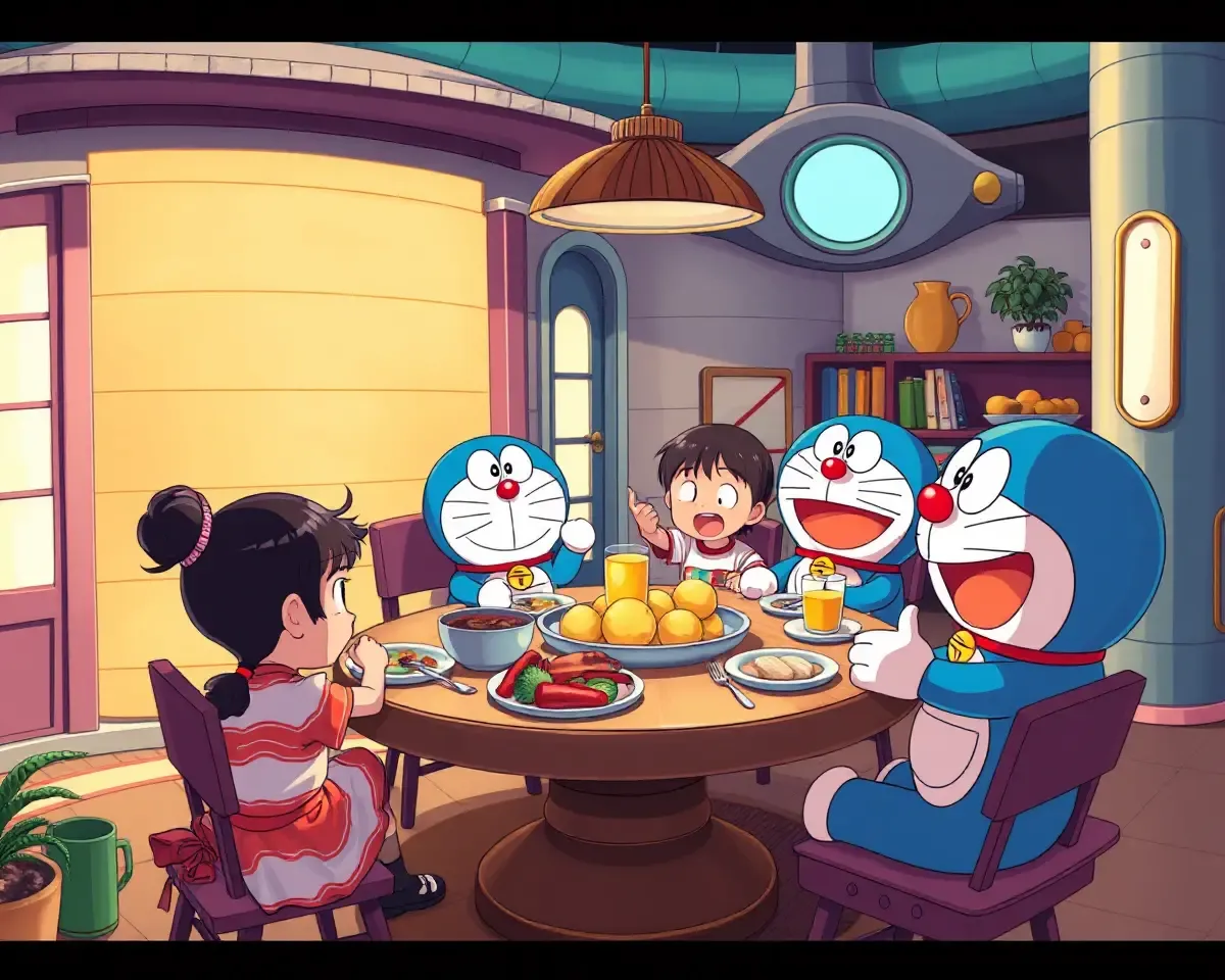 Nobita's Friends Gather for Dinner at Home