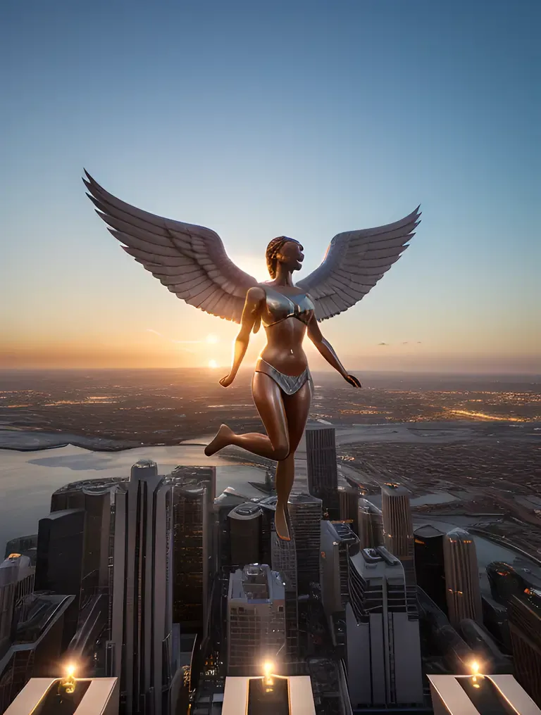 Nude Angel Floating in Mid-Air with Cityscape Below