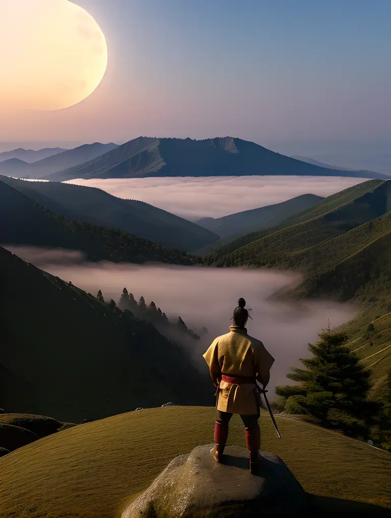 Nude Samurai on Mountain Peak with Misty Valley