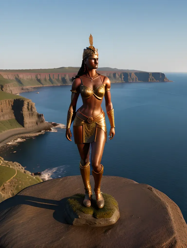 Nude Warrior Goddess on Rocky Cliff with City in Distance