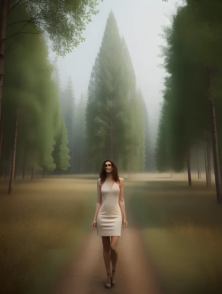 Nude Woman in Serene Forest with Towering Trees and Mist