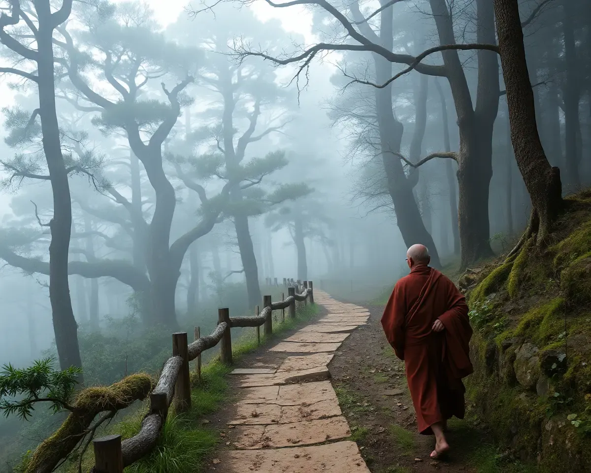 Old Monk Explores Winding Path in Misty Forest
