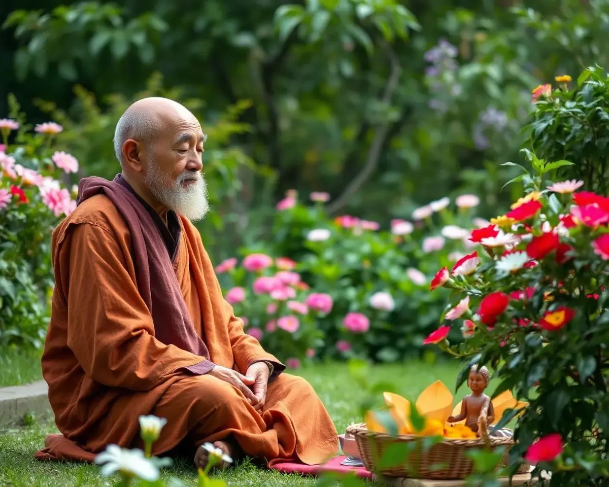 Old Monk Meditates in Peaceful Garden