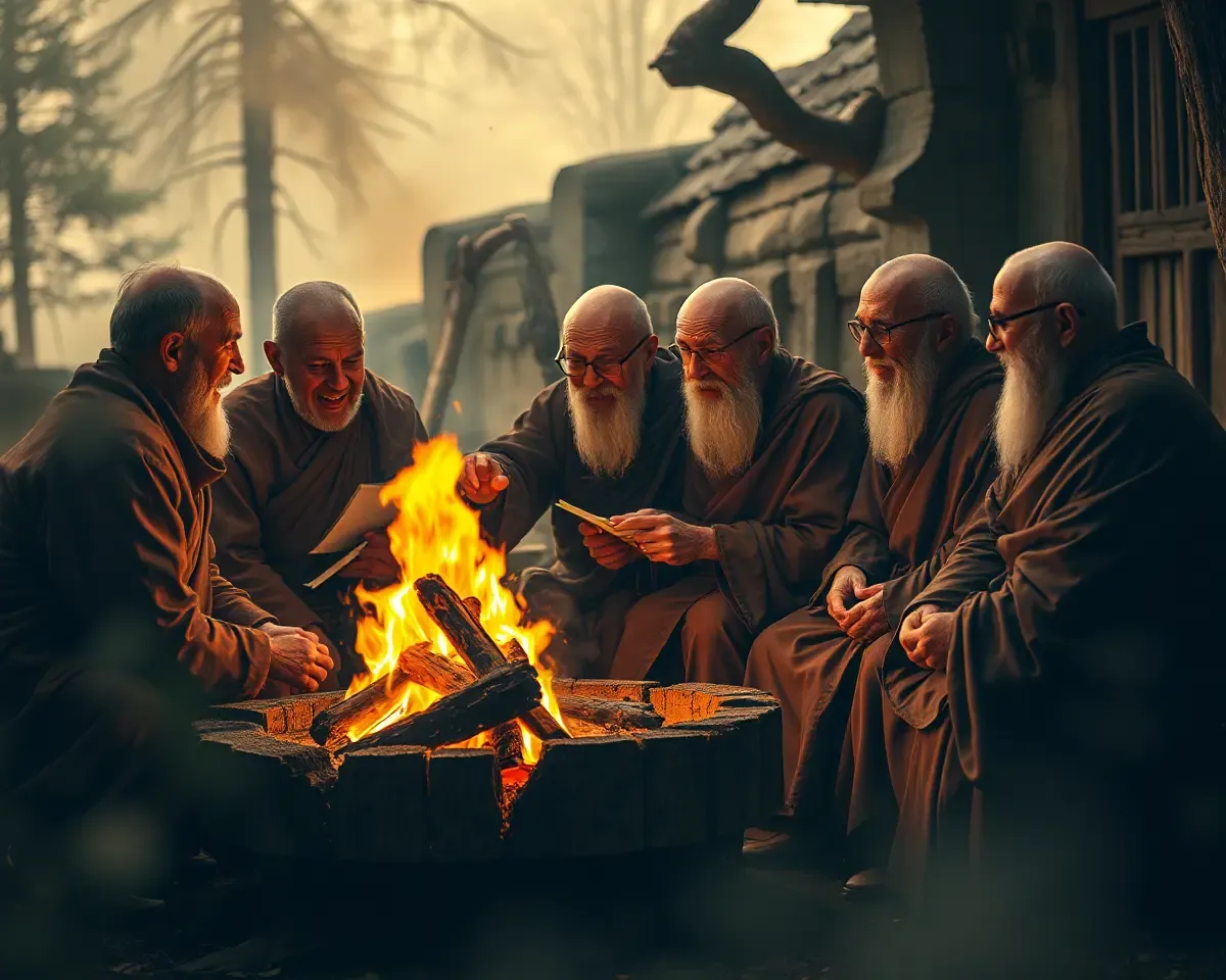 Old Monks Share Stories and Laughter Around Fire