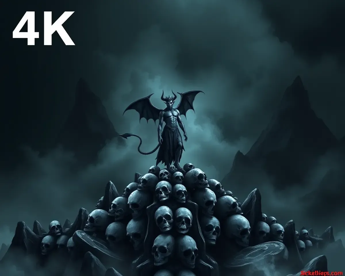 Ominous Black Devil on Mountain of Skulls with Dark Foreboding Wallpaper